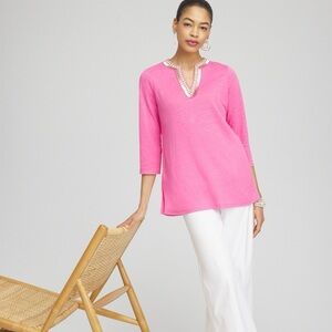 CHICO’S 100% Linen Embellished Beaded Tunic 3/4 Sleeve Split Neck Stretch Pink